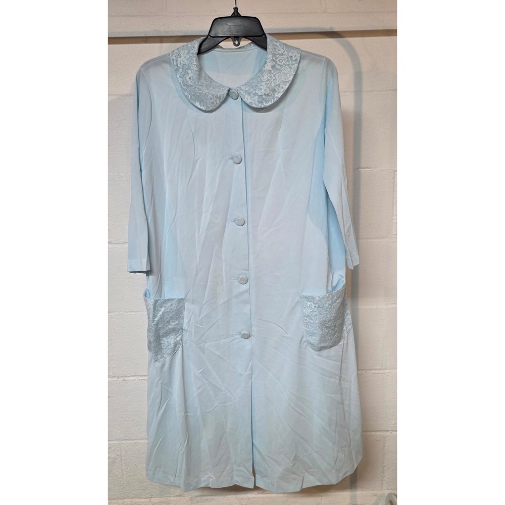Vintage Shadowline Light Blue Lace Trim Robe Peter Pan Collar Long Buttons Small